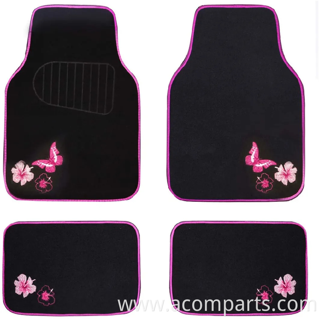 Universal Fit Embroidery Butterfly and Flower Car Floor Mats, Universal Fit for SUV, Trucks, Sedans, Vans, Set of 4 (Black with Purple)